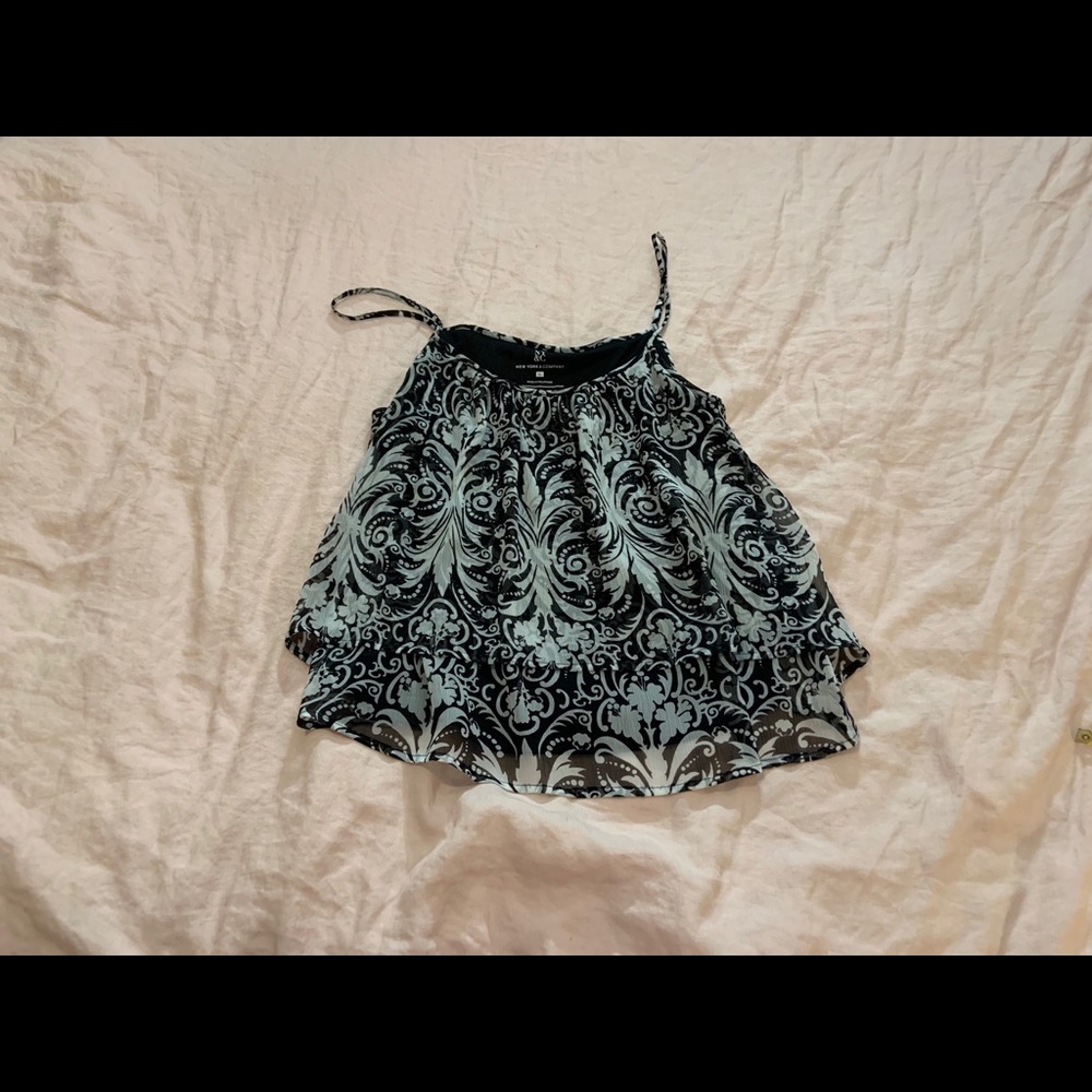 New York & Company Ruffle Top Black and White